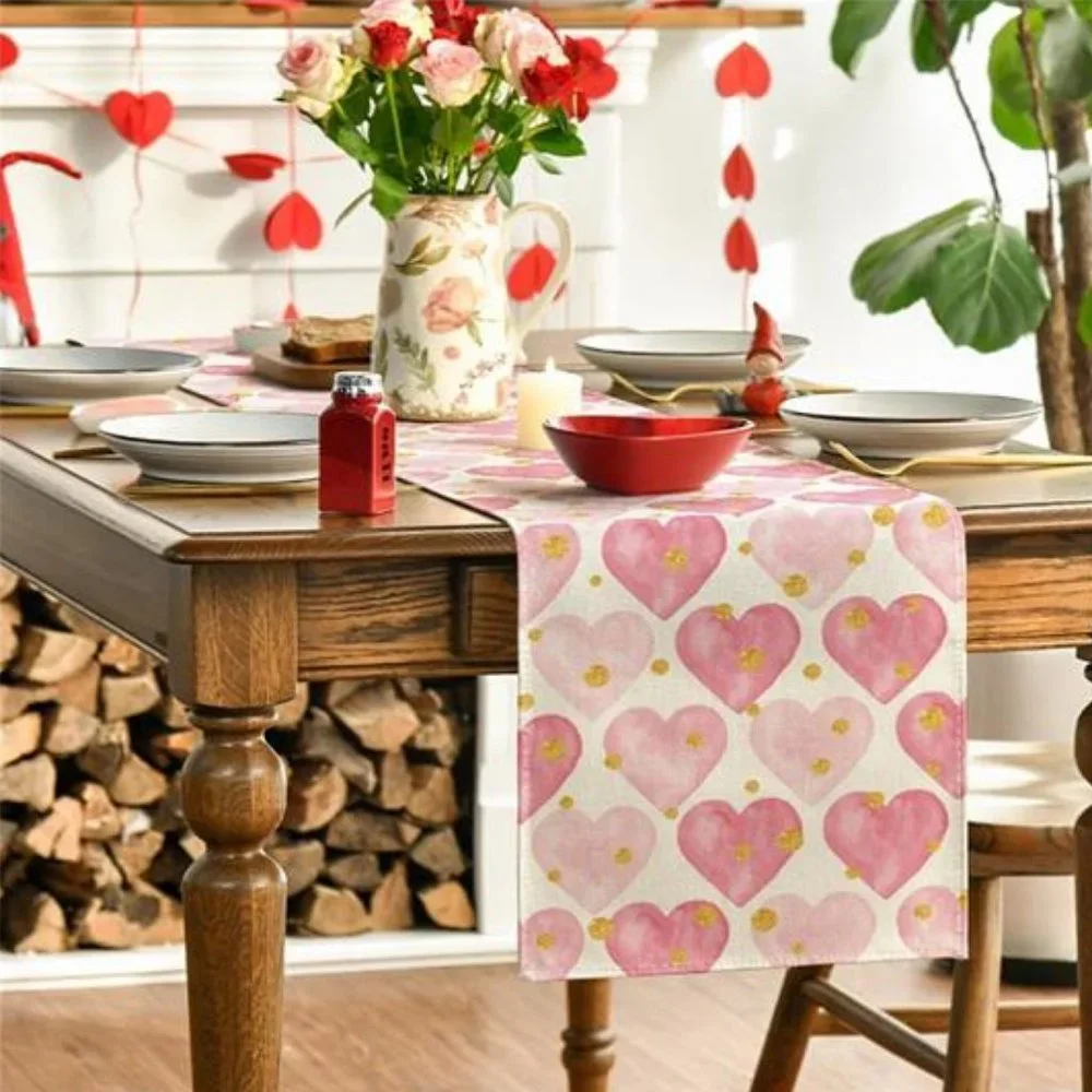 Valentines Day Table Runner Pink Heart Dining Cloth Cottage Wedding Party Decor